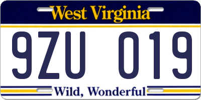 WV license plate 9ZU019