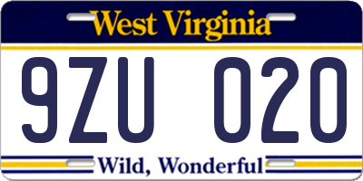 WV license plate 9ZU020