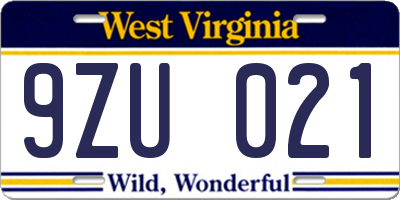 WV license plate 9ZU021