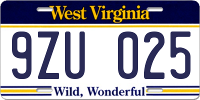 WV license plate 9ZU025