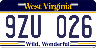 WV license plate 9ZU026