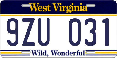 WV license plate 9ZU031
