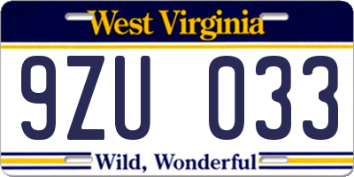 WV license plate 9ZU033