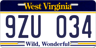 WV license plate 9ZU034