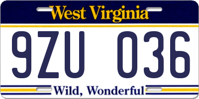 WV license plate 9ZU036