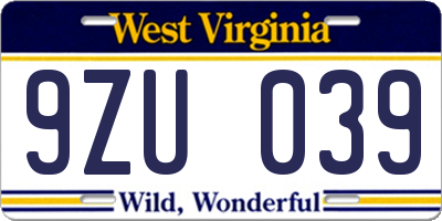 WV license plate 9ZU039