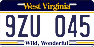 WV license plate 9ZU045