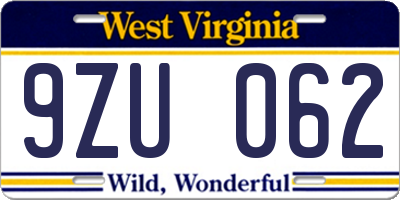 WV license plate 9ZU062