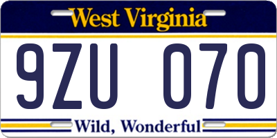 WV license plate 9ZU070