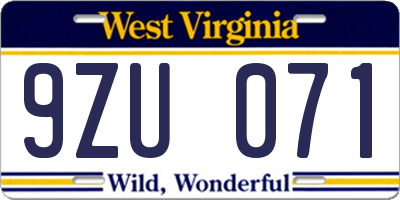 WV license plate 9ZU071