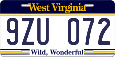 WV license plate 9ZU072