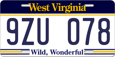 WV license plate 9ZU078