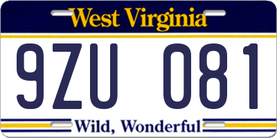 WV license plate 9ZU081