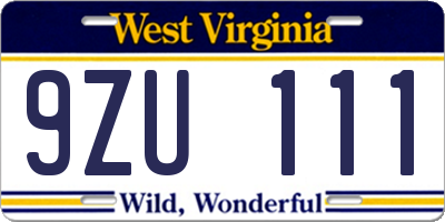 WV license plate 9ZU111