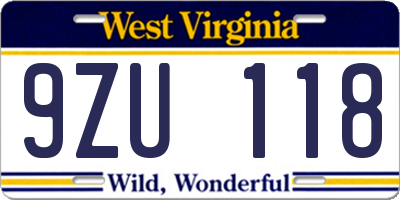 WV license plate 9ZU118