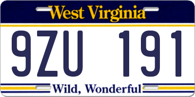 WV license plate 9ZU191