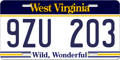 WV license plate 9ZU203