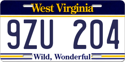 WV license plate 9ZU204