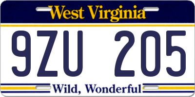 WV license plate 9ZU205