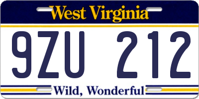 WV license plate 9ZU212