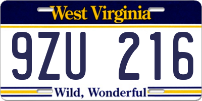 WV license plate 9ZU216