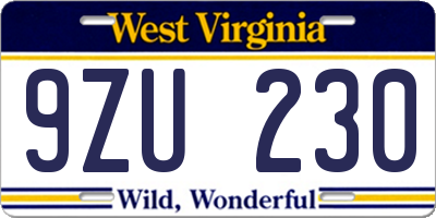 WV license plate 9ZU230