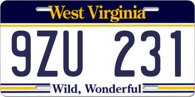 WV license plate 9ZU231