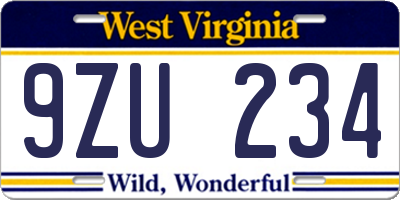 WV license plate 9ZU234