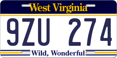 WV license plate 9ZU274