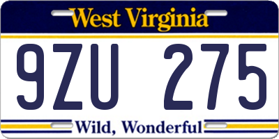 WV license plate 9ZU275