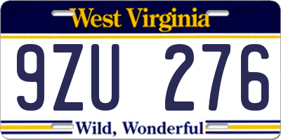 WV license plate 9ZU276