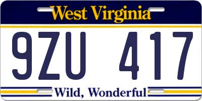 WV license plate 9ZU417