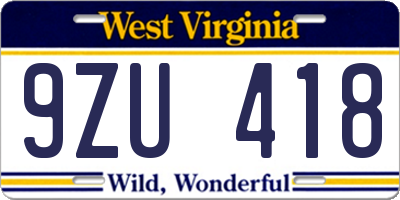 WV license plate 9ZU418