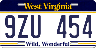 WV license plate 9ZU454
