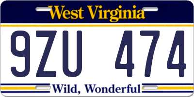 WV license plate 9ZU474