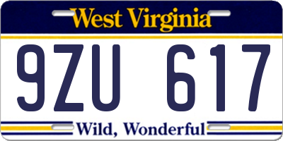 WV license plate 9ZU617
