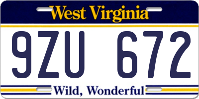 WV license plate 9ZU672