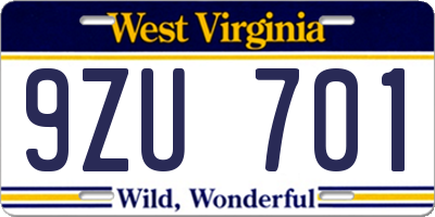 WV license plate 9ZU701