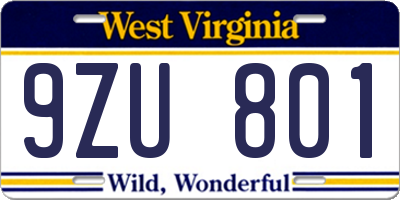 WV license plate 9ZU801