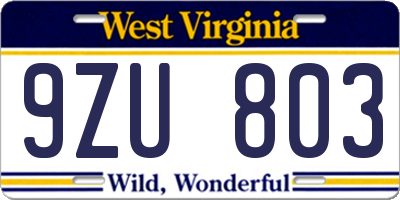 WV license plate 9ZU803