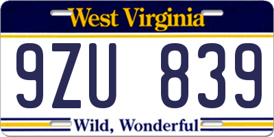 WV license plate 9ZU839