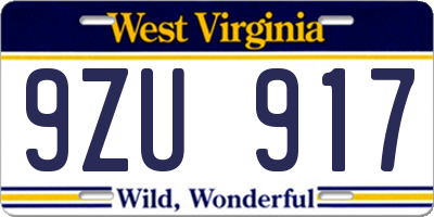 WV license plate 9ZU917