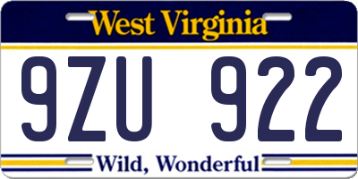 WV license plate 9ZU922