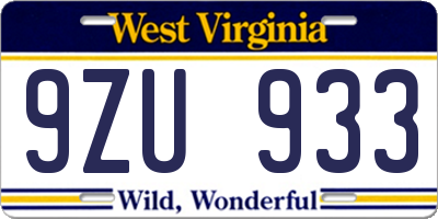 WV license plate 9ZU933