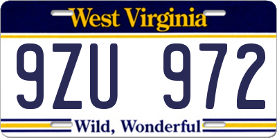 WV license plate 9ZU972