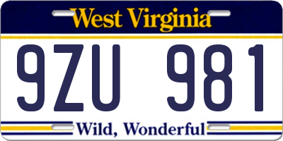 WV license plate 9ZU981