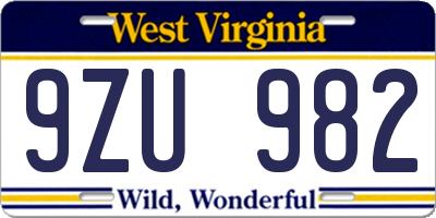 WV license plate 9ZU982