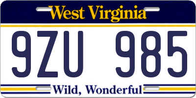 WV license plate 9ZU985