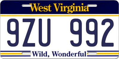 WV license plate 9ZU992