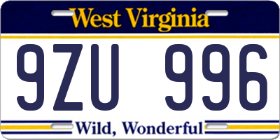 WV license plate 9ZU996